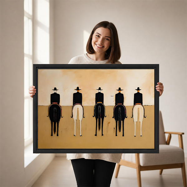 Framed minimalist western horse riders canvas wall art hanging above a living room sofa