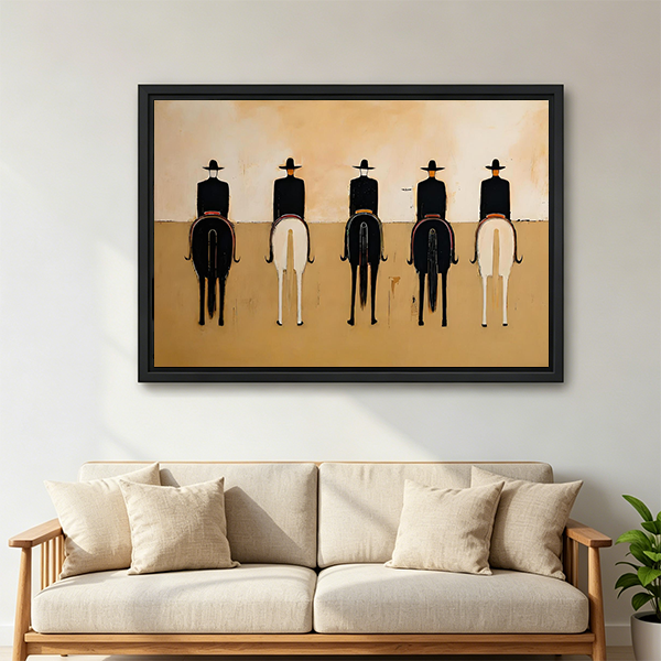 Minimalist western horse riders canvas wall art displayed above a neatly made bedroom bed