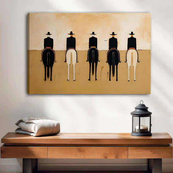 Gallery-wrap minimalist western horse riders canvas wall art above a wooden console in a bright room