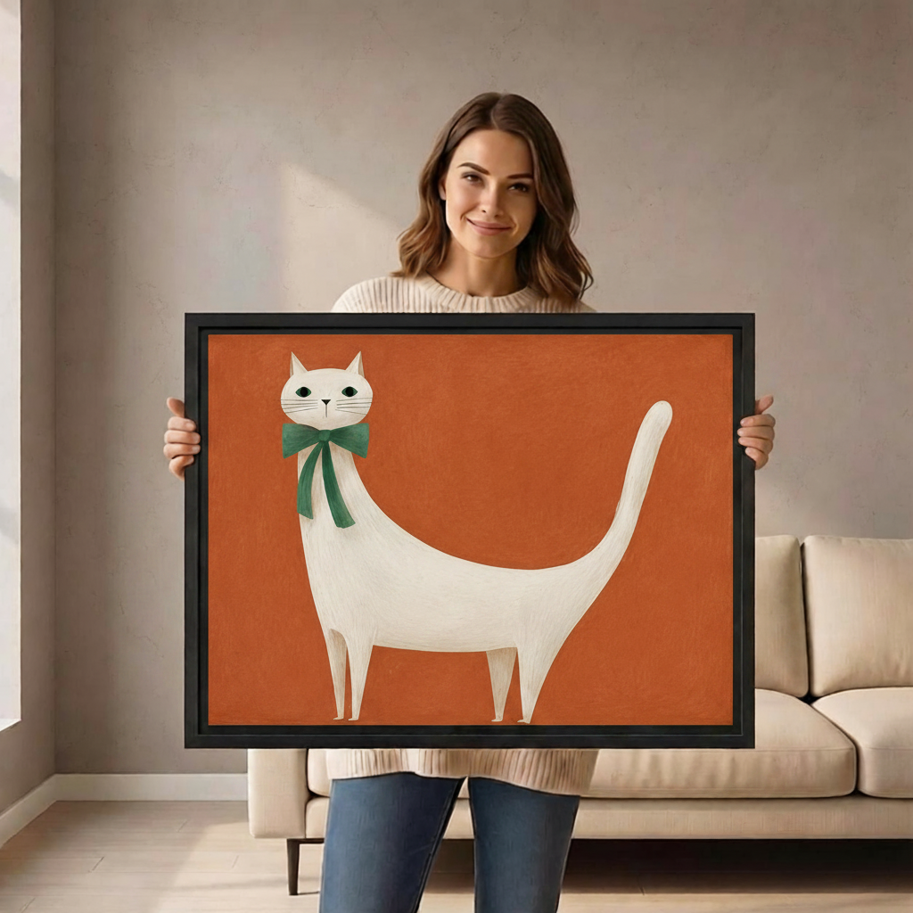 Woman holding minimalist white cat green bow terracotta framed canvas print showing size reference