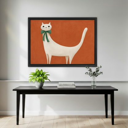 Bold minimalist white cat green bow terracotta framed canvas wall art displayed in stylish entryway