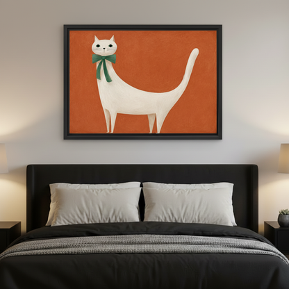 Chic minimalist white cat with green bow canvas print above sofa in modern Scandinavian living room