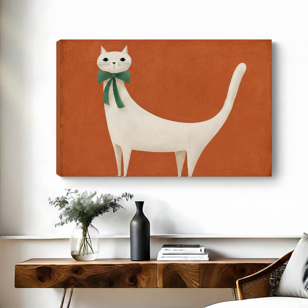 Minimalist white cat green bow terracotta gallery wrap canvas art displayed above console table in living room