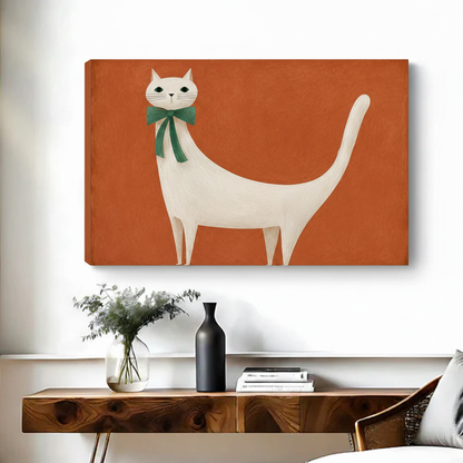 Minimalist white cat green bow terracotta gallery wrap canvas art displayed above console table in living room