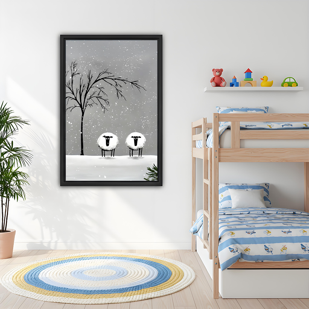Black framed minimalist two sheep in snow canvas wall art above a wooden bunk bed in a colorful kids bedroom with toys on shelf
