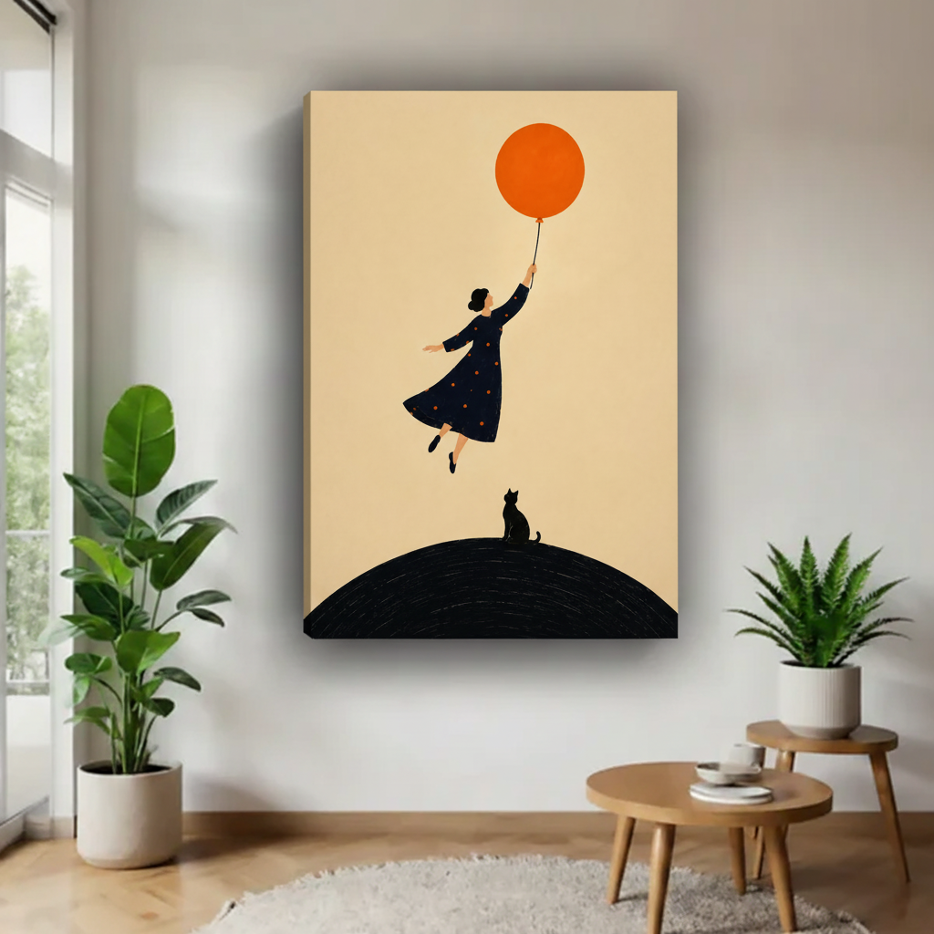 Whimsical woman orange balloon black cat canvas wrap print with visible edges displayed in bright minimalist living room
