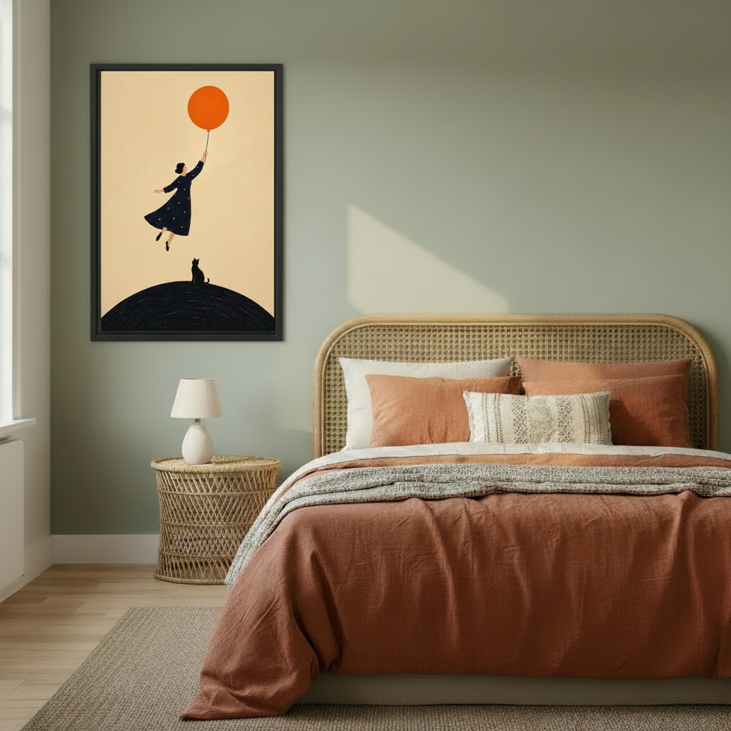 Whimsical woman floating with orange balloon black cat framed canvas print hung above rattan headboard in cozy bedroom