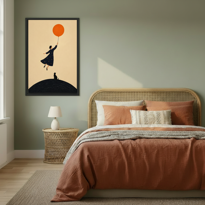 Whimsical woman floating with orange balloon black cat framed canvas print hung above rattan headboard in cozy bedroom