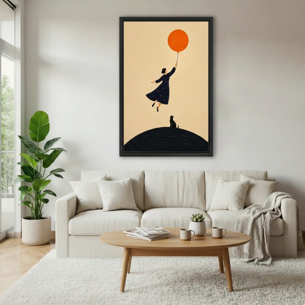 Minimalist orange balloon black cat wall art in black frame displayed above white sofa in Scandinavian living room