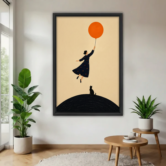 Minimalist woman floating with orange balloon and black cat silhouette framed canvas wall art in modern living room with tropical plants