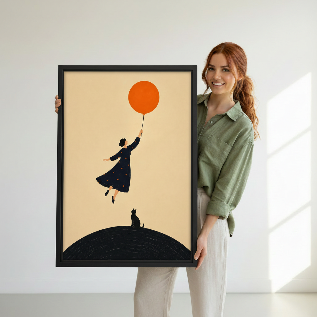 Woman holding minimalist orange balloon black cat framed canvas print showing artwork size reference against white wall