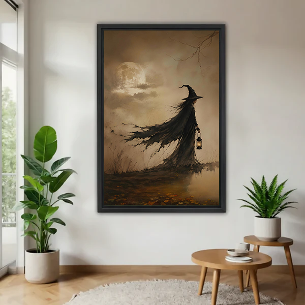 Woman holding a large framed misty moor lantern witch canvas wall art to show its size