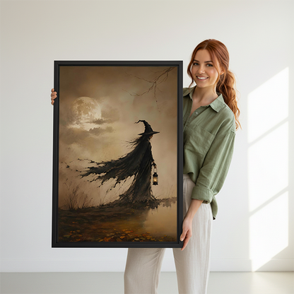 Misty moor lantern witch canvas wall art framed in black above a cream sofa and oval wood table
