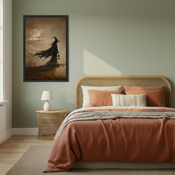 Framed misty moor lantern witch canvas wall art on a sage bedroom wall above a rattan bed
