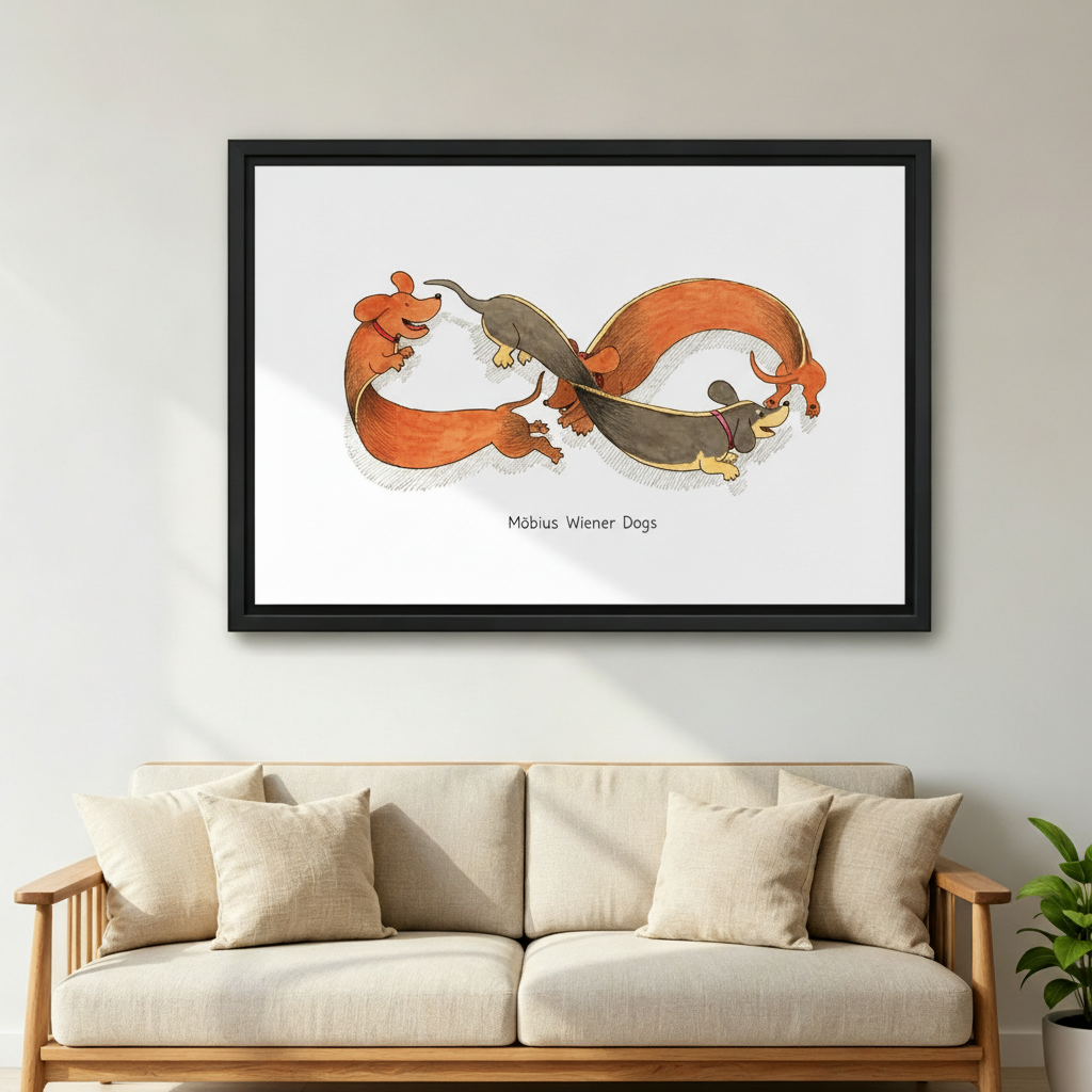 Möbius dachshund canvas wall art displayed in living room interior, humorous wiener dog infinity loop print for modern home decor