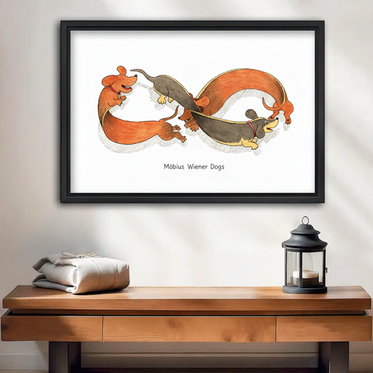 Möbius Wiener Dogs funny dachshund framed canvas wall art with two dogs forming infinity loop, humorous illustration displayed above wooden console table with grey linen and black lantern