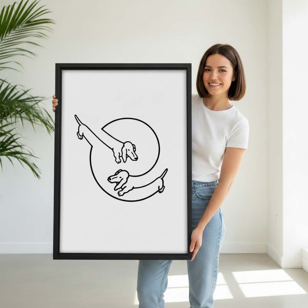 Smiling woman holding large black framed dachshund duo line art canvas print — minimalist pet wall art by Liberty Signs