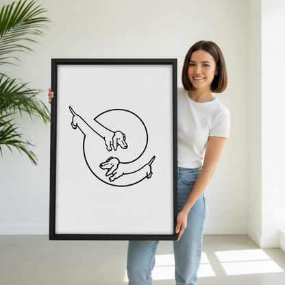 Smiling woman holding large black framed dachshund duo line art canvas print — minimalist pet wall art by Liberty Signs