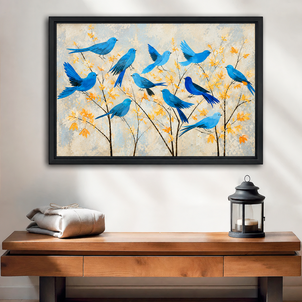 Modern blue birds autumn branches canvas wall art in a black frame above an entryway console