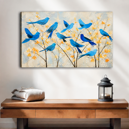 Gallery-wrap modern blue birds autumn branches canvas wall art above a wooden console with a lantern