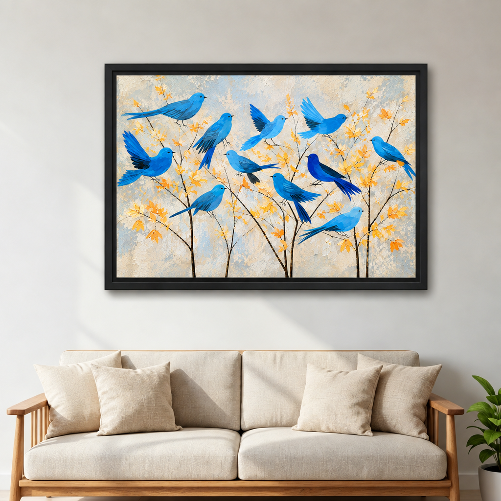 Framed modern blue birds autumn branches canvas wall art hanging over a cream sofa in a living room