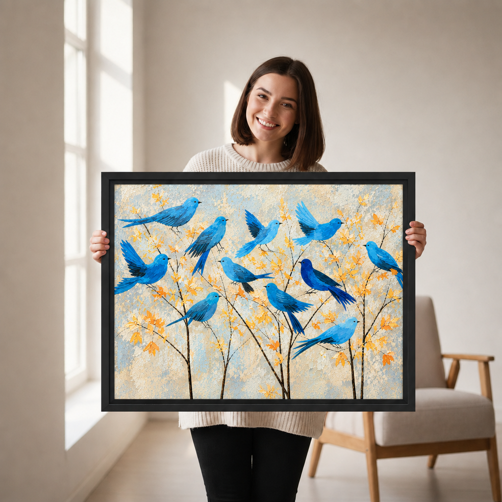 Smiling woman holding framed modern blue birds autumn branches canvas wall art in a bright room