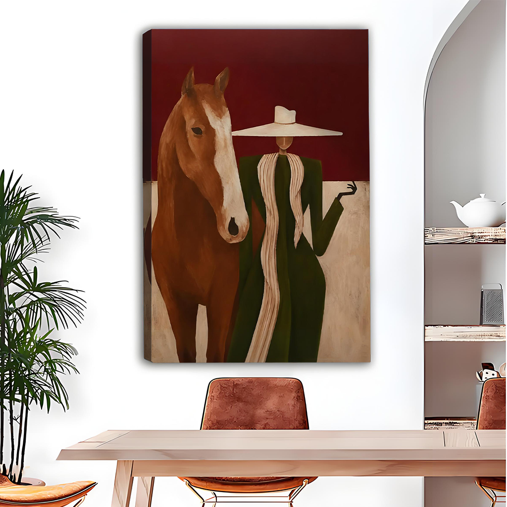 Elegant woman and horse gallery-wrap canvas art displayed above wooden dining table against deep burgundy background
