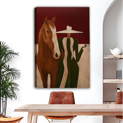 Elegant woman and horse gallery-wrap canvas art displayed above wooden dining table against deep burgundy background