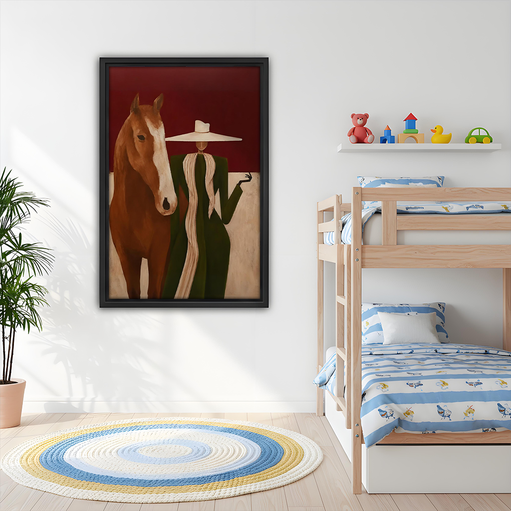Modern figurative equestrian framed wall art hanging above bunk bed in colorful kids bedroom with toys
