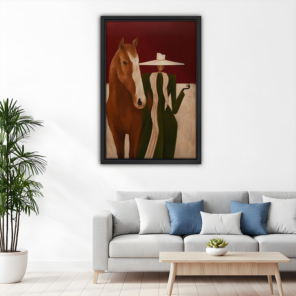 Elegant woman and horse modern figurative wall art in black frame above grey sofa in minimalist living room
