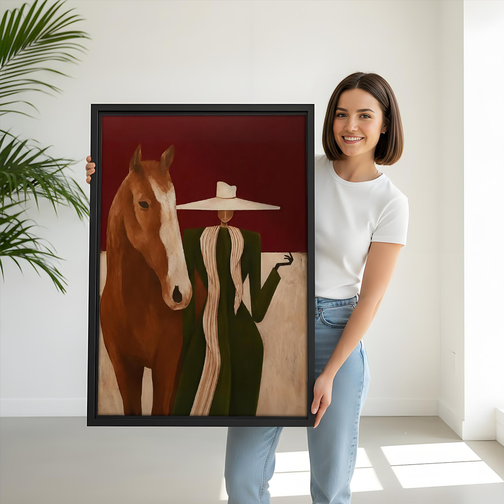 Woman holding large framed modern figurative horse wall art print showing size scale in bright white room
