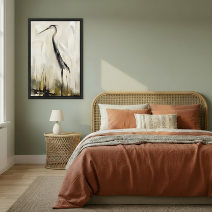  Modern heron canvas wall art in a black frame styled above a cozy earth-tone bedroom.