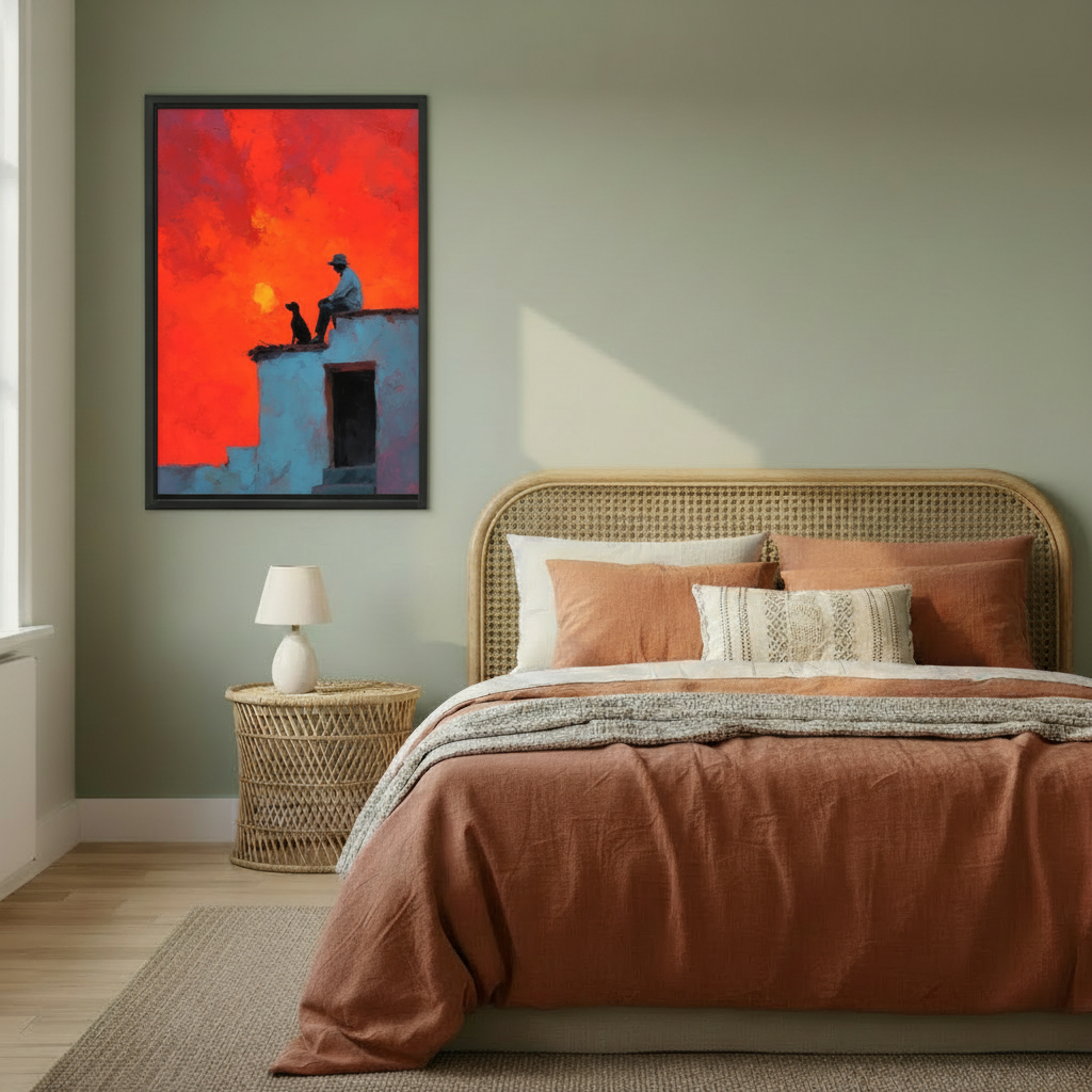 Modern rooftop sunset dog canvas wall art styled above a warm neutral bed in a calm bedroom.⠋
