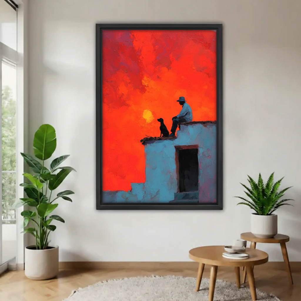 Modern rooftop sunset dog canvas wall art displayed above a dining table with plants in a bright room.