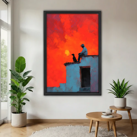 Modern rooftop sunset dog canvas wall art displayed above a dining table with plants in a bright room.