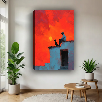 Modern rooftop sunset dog canvas wall art displayed above a coffee table in a bright contemporary living room