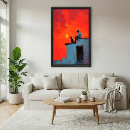 Modern rooftop sunset dog canvas wall art centered above a white sofa in an airy living room.