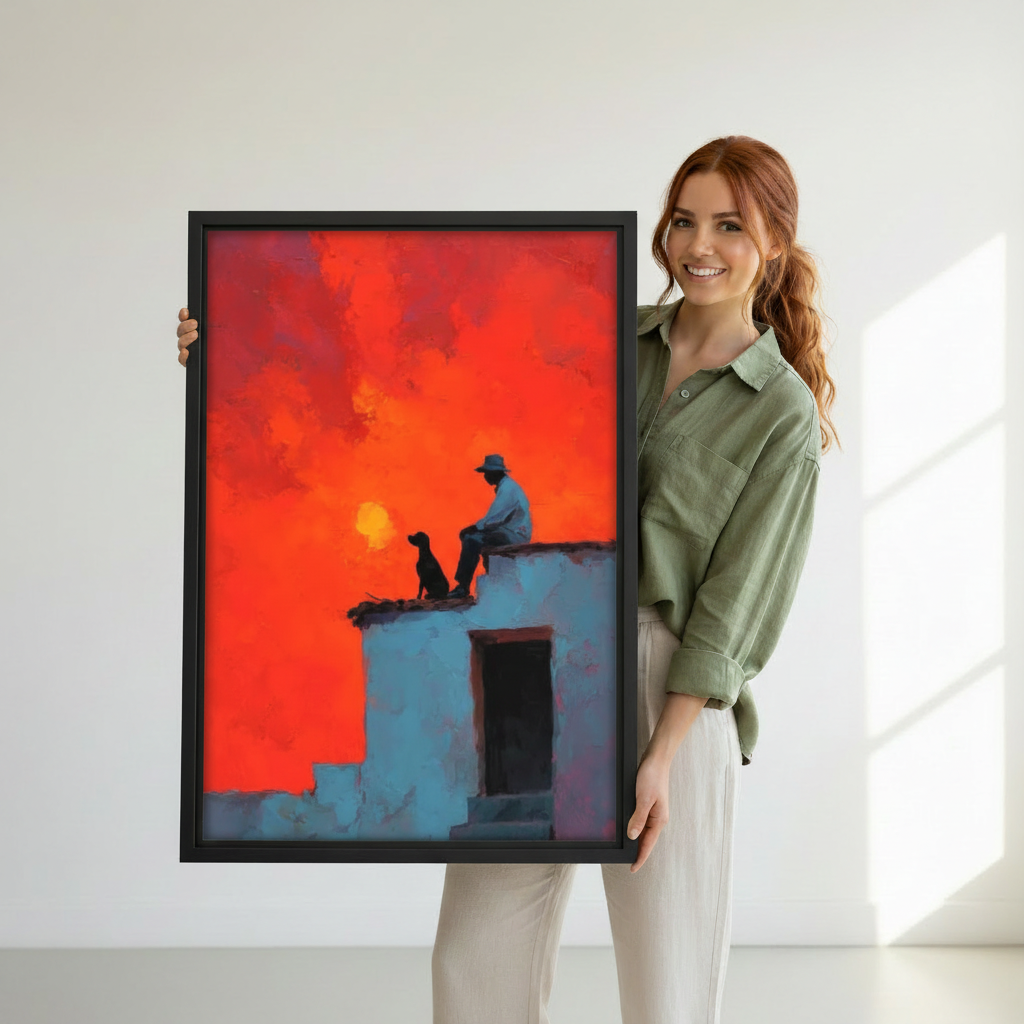 Woman holding modern rooftop sunset dog canvas wall art to show its framed scale and vivid sunset colors.