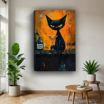 Woman holding framed moody black cat cocktail canvas wall art with a bottle and cocktail glass