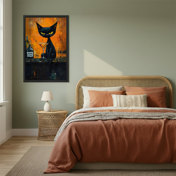 Framed moody black cat cocktail canvas wall art displayed above a neutral living room sofa