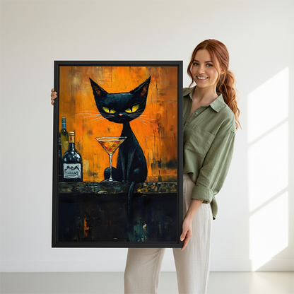 Gallery-wrap moody black cat cocktail canvas wall art displayed between green plants in a bright living room