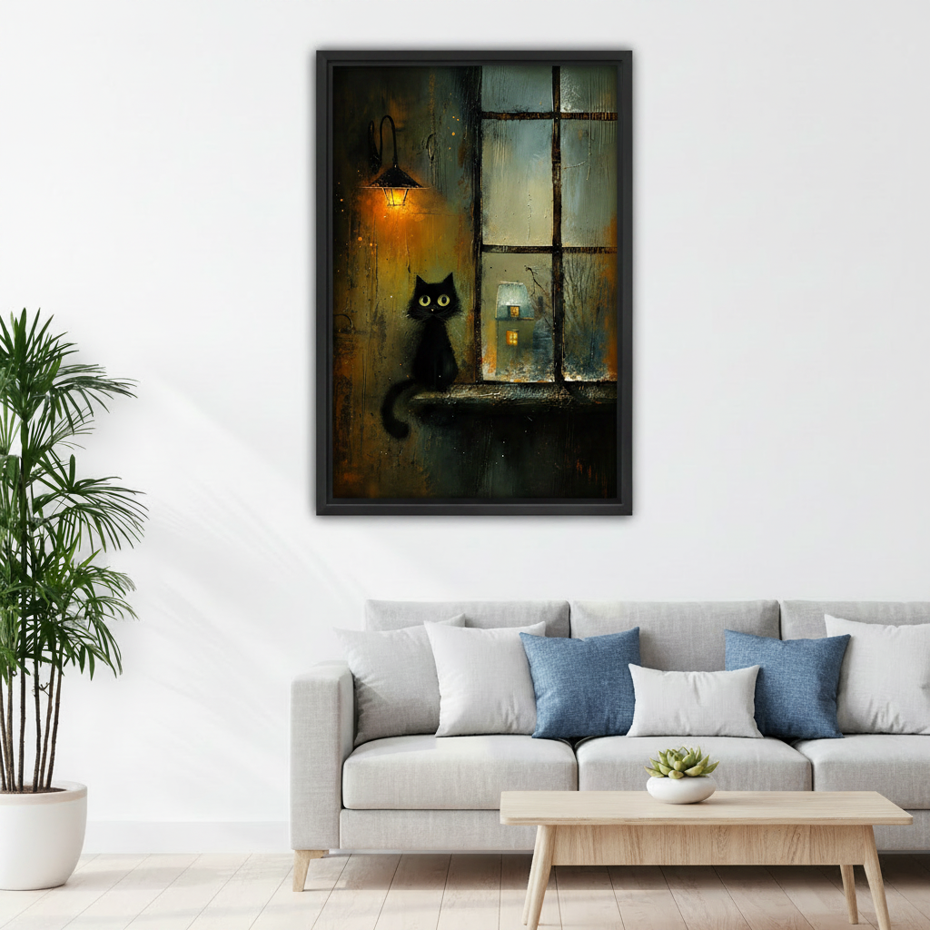 Moody black cat rainy window lantern oil painting framed wall art above gray sofa, dark atmospheric canvas print for Scandinavian living room