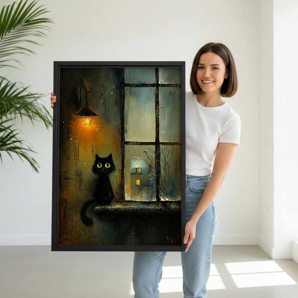 Woman holding large moody black cat rainy window oil painting framed canvas print, dark atmospheric cat wall art size reference