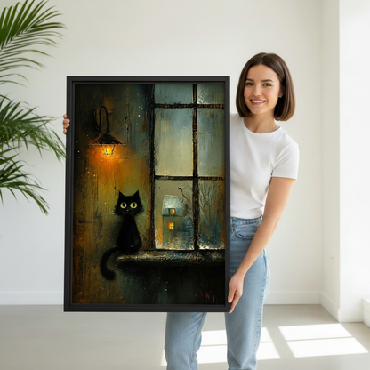 Woman holding large moody black cat rainy window oil painting framed canvas print, dark atmospheric cat wall art size reference