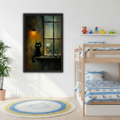  Dark moody black cat on rainy window sill framed wall art beside kids bunk bed, atmospheric oil painting cat print for children's bedroom decor