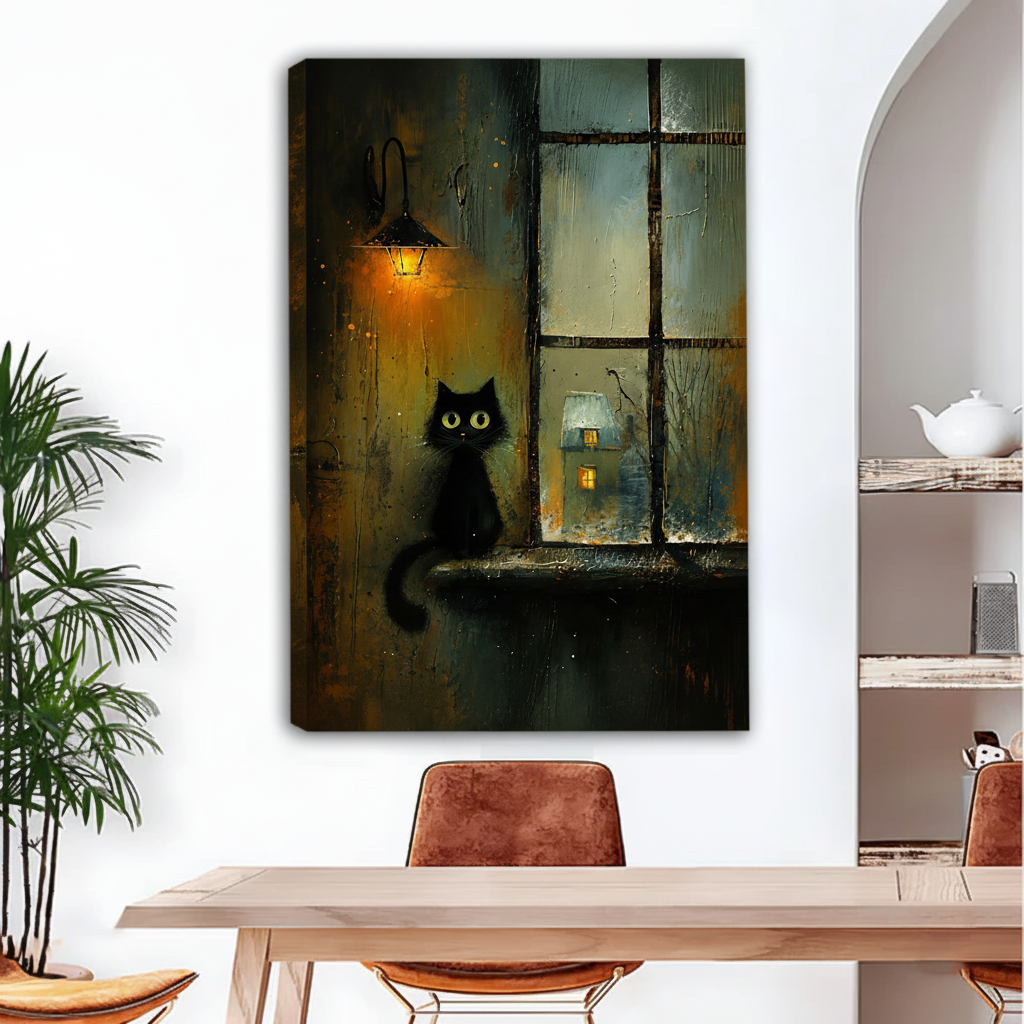Frameless gallery wrap canvas of moody black cat on window sill with amber lantern and distant cottage in rain, dark atmospheric wall art for modern dining room