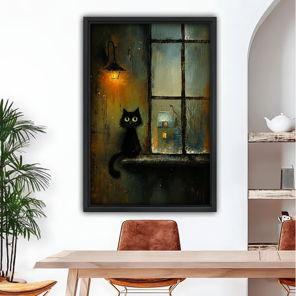 Moody black cat sitting on rainy window sill with glowing lantern framed wall art above wooden dining table, dark oil painting canvas for dining room