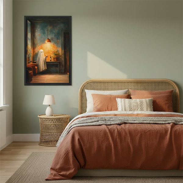 Framed moody ghost cocktail canvas wall art displayed beside green plants in a modern living room