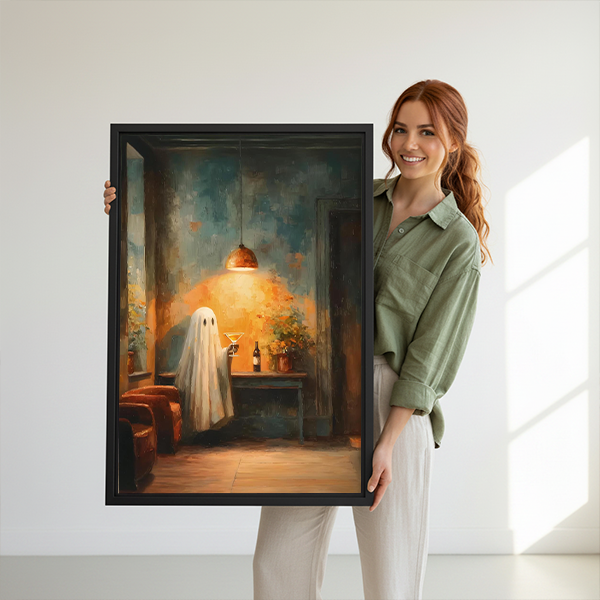 Framed moody ghost cocktail canvas wall art hanging above a neutral living room sofa