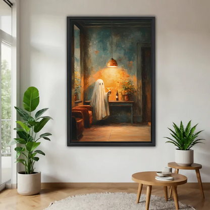 Framed moody ghost cocktail canvas wall art above a warm-toned bedroom bed